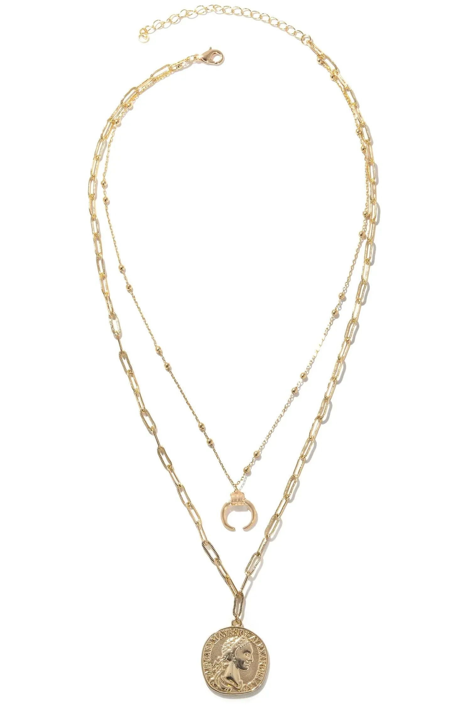 Two Layered Chain Coin Pendant With Horn Necklace