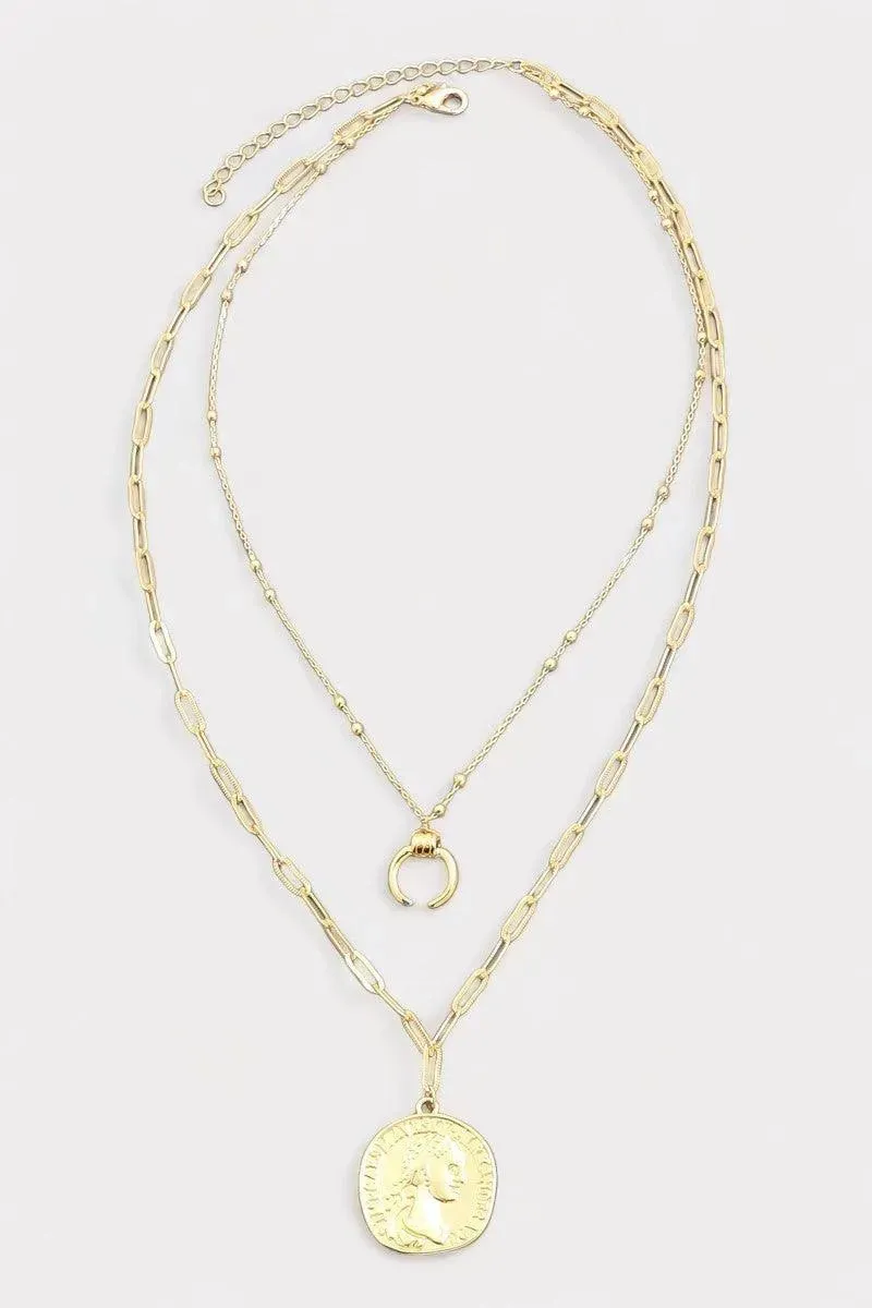 Two Layered Chain Coin Pendant With Horn Necklace