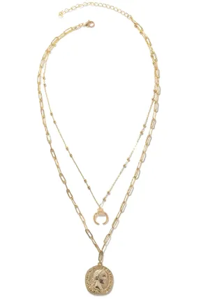 Two Layered Chain Coin Pendant With Horn Necklace