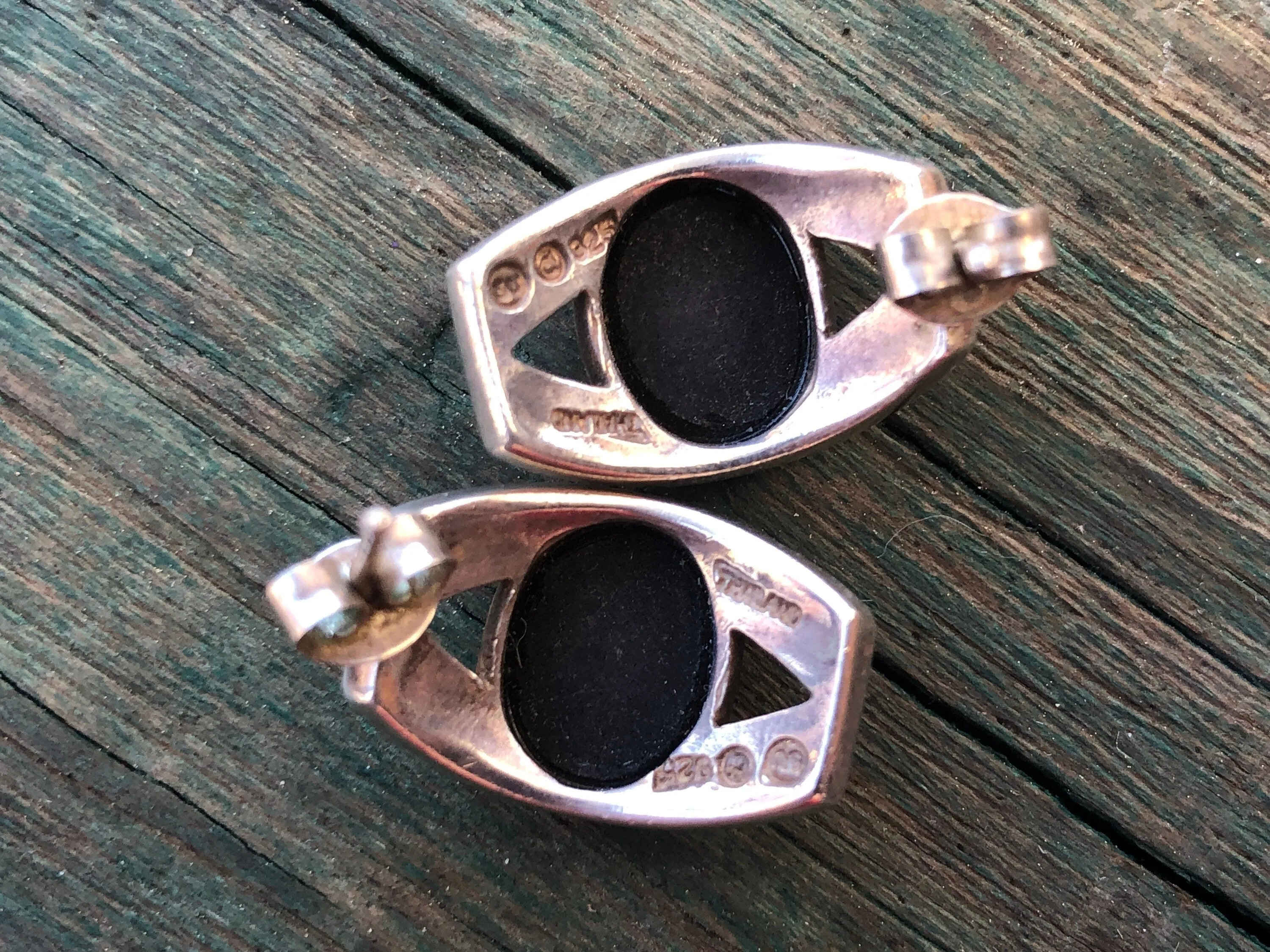 Vintage Modernist Geometric Onyx Half Hoop Pierced Post Earrings