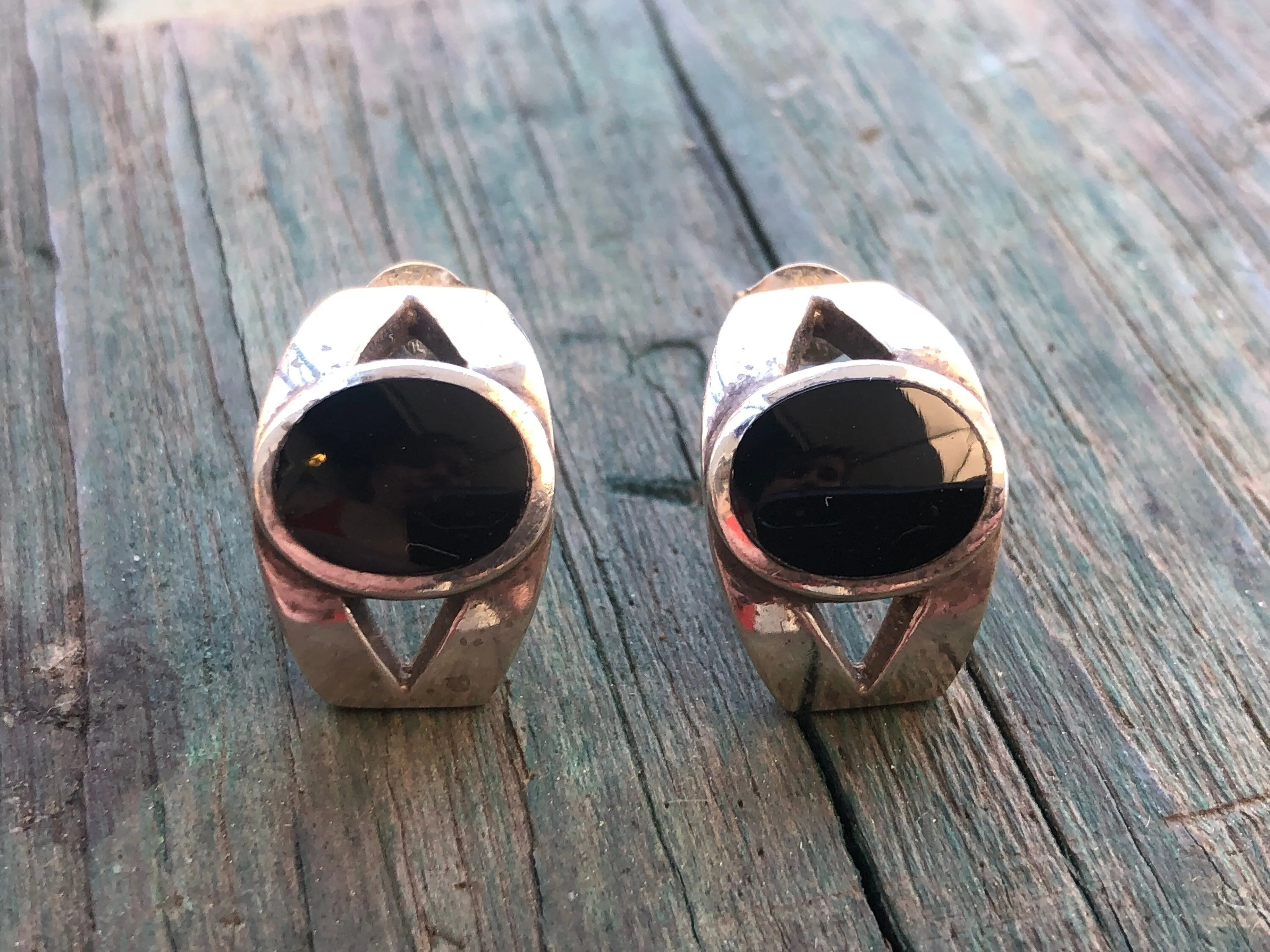 Vintage Modernist Geometric Onyx Half Hoop Pierced Post Earrings