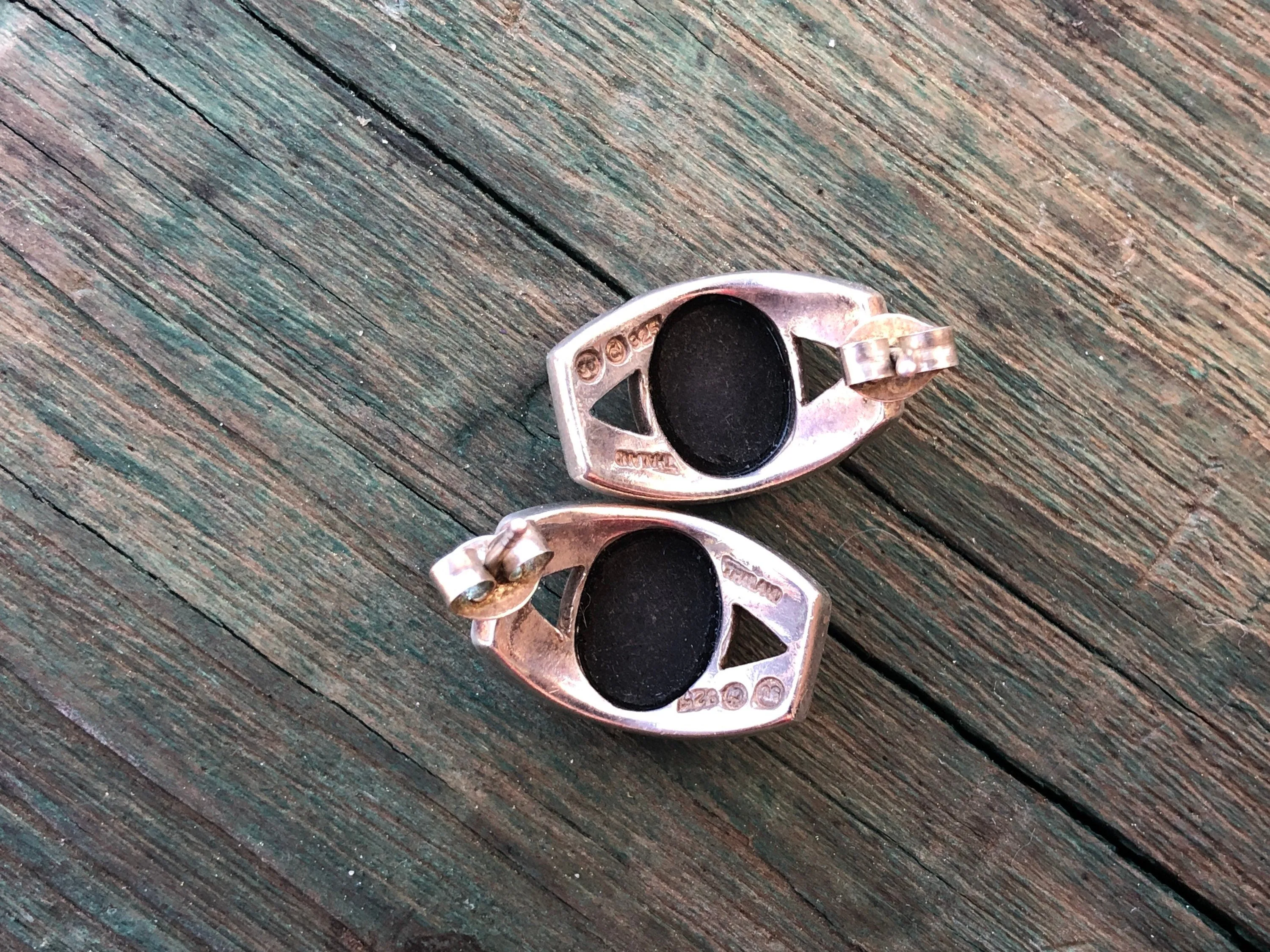 Vintage Modernist Geometric Onyx Half Hoop Pierced Post Earrings