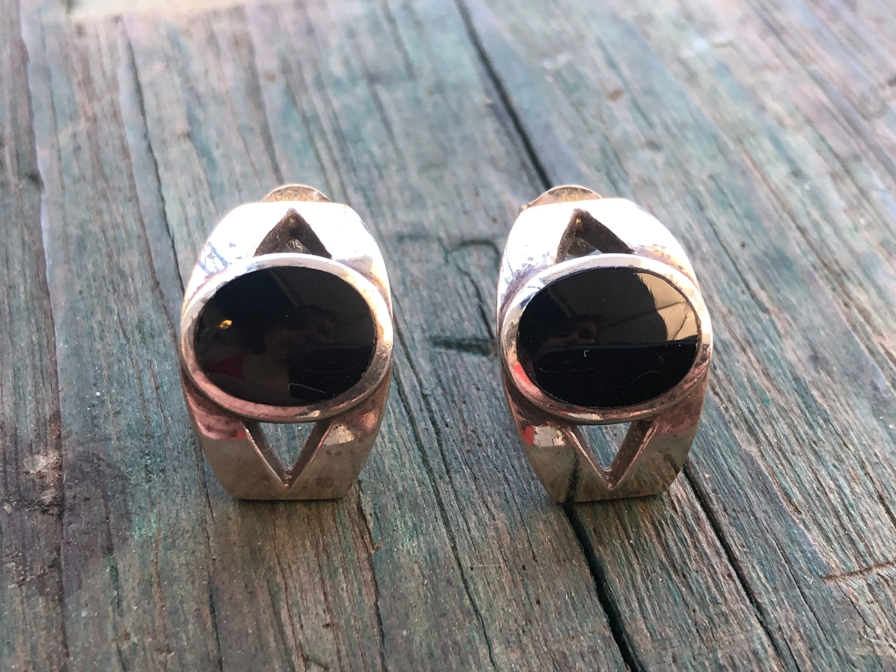 Vintage Modernist Geometric Onyx Half Hoop Pierced Post Earrings