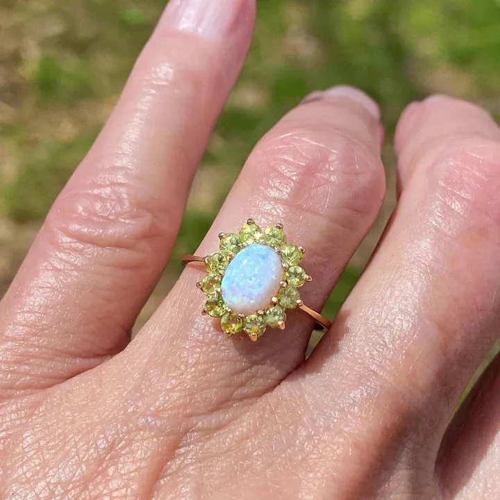 Vintage Oval Cut Opal And Peridot Cluster Engagement Rings - 14k Gold Vermeil Ring