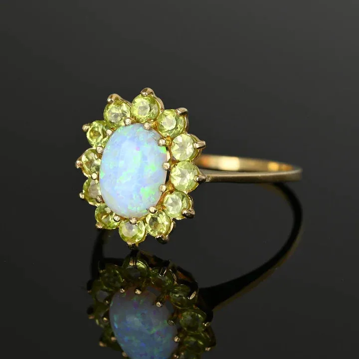 Vintage Oval Cut Opal And Peridot Cluster Engagement Rings - 14k Gold Vermeil Ring