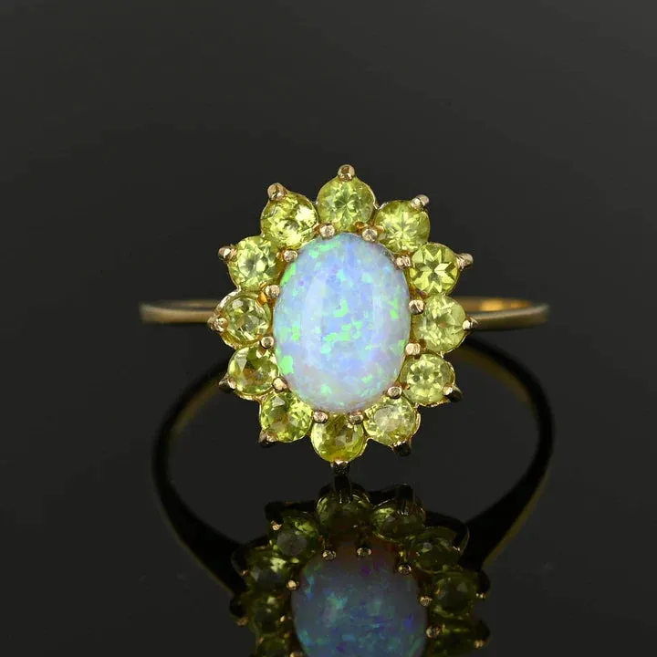 Vintage Oval Cut Opal And Peridot Cluster Engagement Rings - 14k Gold Vermeil Ring