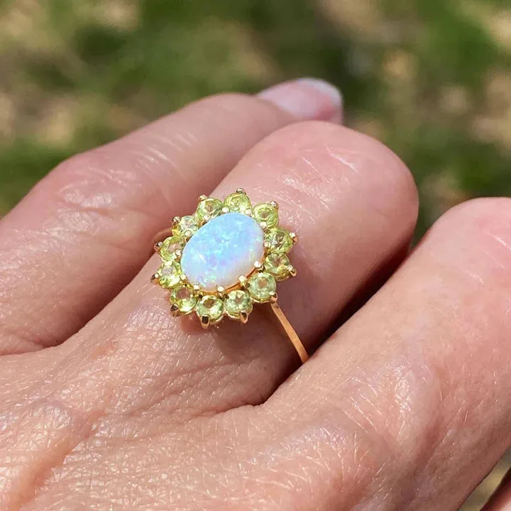Vintage Oval Cut Opal And Peridot Cluster Engagement Rings - 14k Gold Vermeil Ring