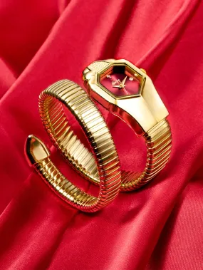 Women Gold Copper Strap Fashionable Geometric Dial Quartz Watch
