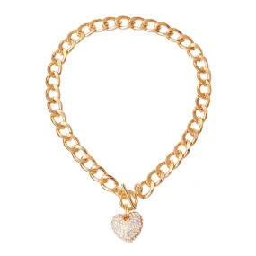 Yellow Gold Plated Link Chain Necklace Aurora Borealis Heart Charm