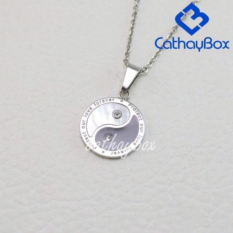 Yin Yang Taichi Pendant Necklace WomSliver Tone Stainless Steel Shell inlaid Charm