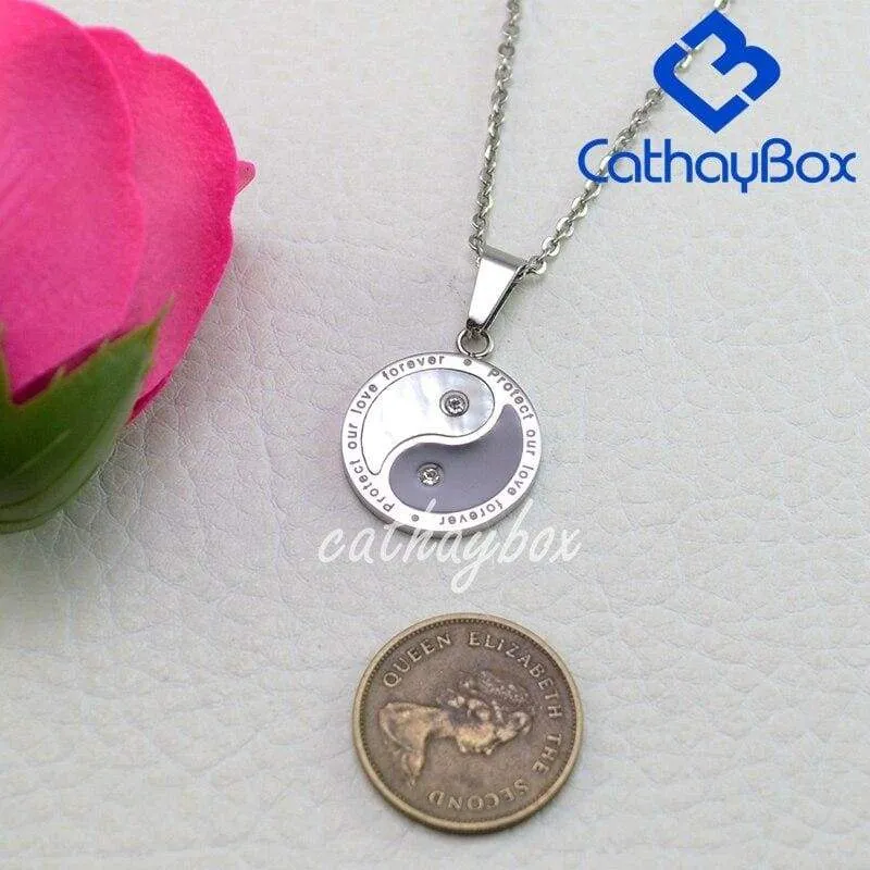 Yin Yang Taichi Pendant Necklace WomSliver Tone Stainless Steel Shell inlaid Charm